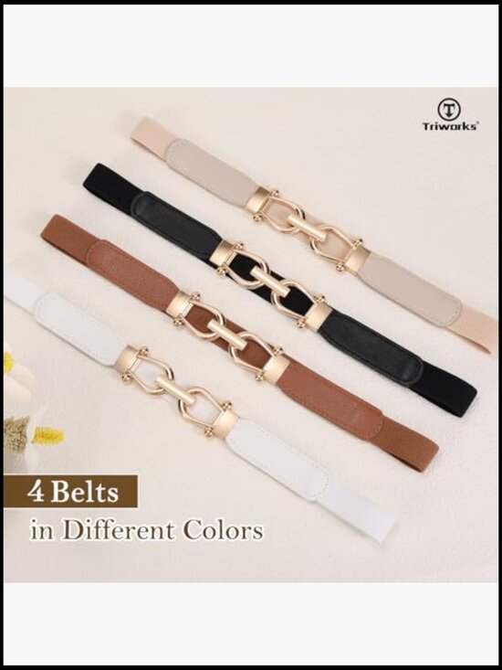 4 Pack Skinny Elastic Belts Gold Buckle PU Leather Thin Stretchy Waist Belts